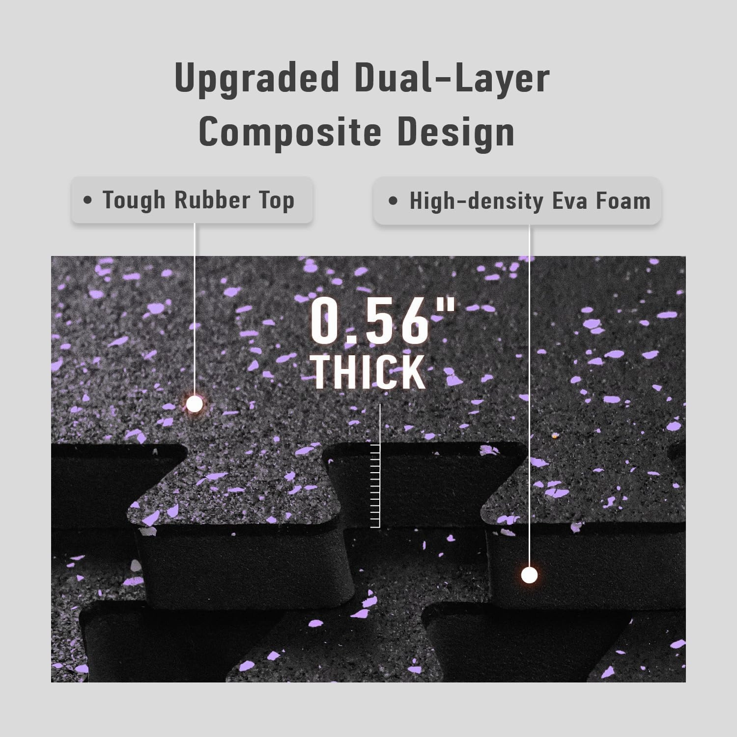 0.56in Thick 24 Sq Ft Exercise Equipment Mats, 6 Tiles Upgraded Rubber Top with High Density EVA Foam, Large Interlocking Puzzle Gym Flooring for Home Gym, Heavy Weight Workout, Black & Purple