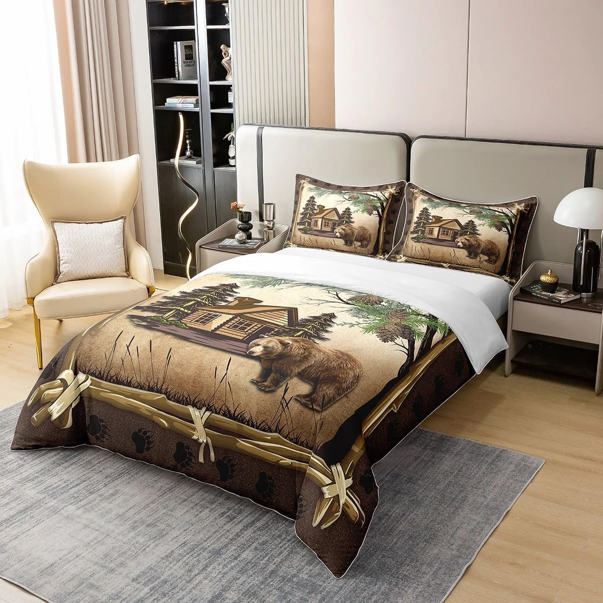 100% Cotton Jungle Wooden Cabin Duvet Cover,Outdoor Adventure Wild Bear Pine Tree Bedding Set for Room Decor,Retro Wood Frame Bear Wildlife Paw Print All Season Comforter Cover (No Comforter) Twin