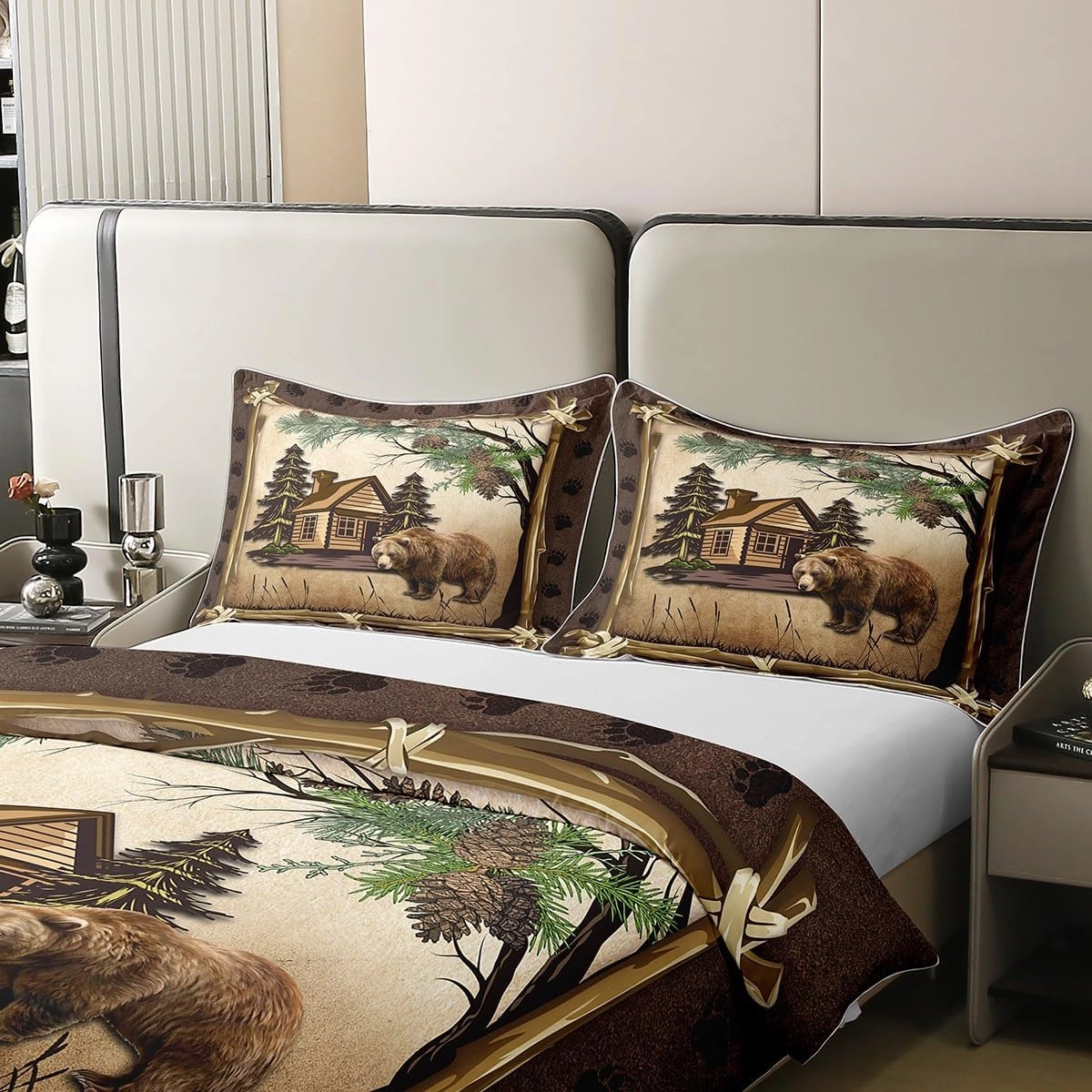 100% Cotton Jungle Wooden Cabin Duvet Cover,Outdoor Adventure Wild Bear Pine Tree Bedding Set for Room Decor,Retro Wood Frame Bear Wildlife Paw Print All Season Comforter Cover (No Comforter) Twin