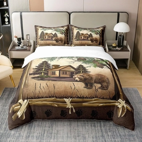 100% Cotton Jungle Wooden Cabin Duvet Cover,Outdoor Adventure Wild Bear Pine Tree Bedding Set for Room Decor,Retro Wood Frame Bear Wildlife Paw Print All Season Comforter Cover (No Comforter) Twin