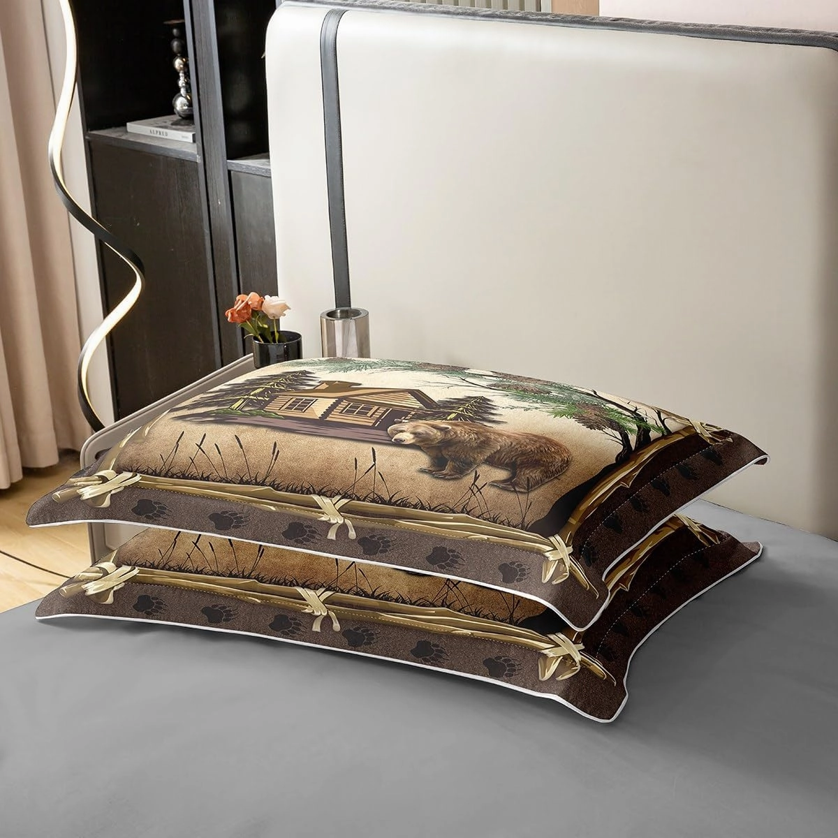 100% Cotton Jungle Wooden Cabin Duvet Cover,Outdoor Adventure Wild Bear Pine Tree Bedding Set for Room Decor,Retro Wood Frame Bear Wildlife Paw Print All Season Comforter Cover (No Comforter) Twin