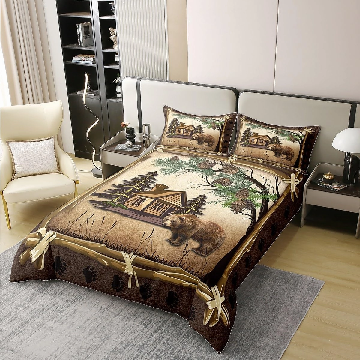 100% Cotton Jungle Wooden Cabin Duvet Cover,Outdoor Adventure Wild Bear Pine Tree Bedding Set for Room Decor,Retro Wood Frame Bear Wildlife Paw Print All Season Comforter Cover (No Comforter) Twin