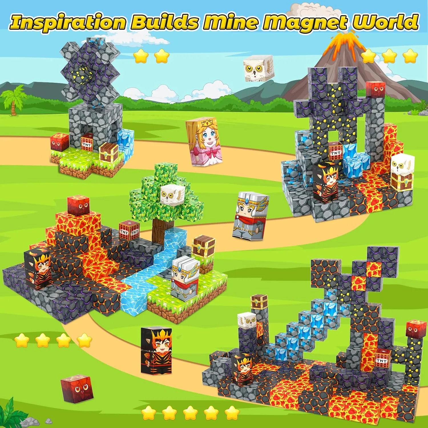 100PCS Magnetic Blocks -Build Mine Magnet World Forest & Lava Set, Magnet Building Toys for Kids Ages 5-7, STEM Sensory Toddler Toys for 3  Year Old Boys & Girls, Creativity Birthday Gifts for Child