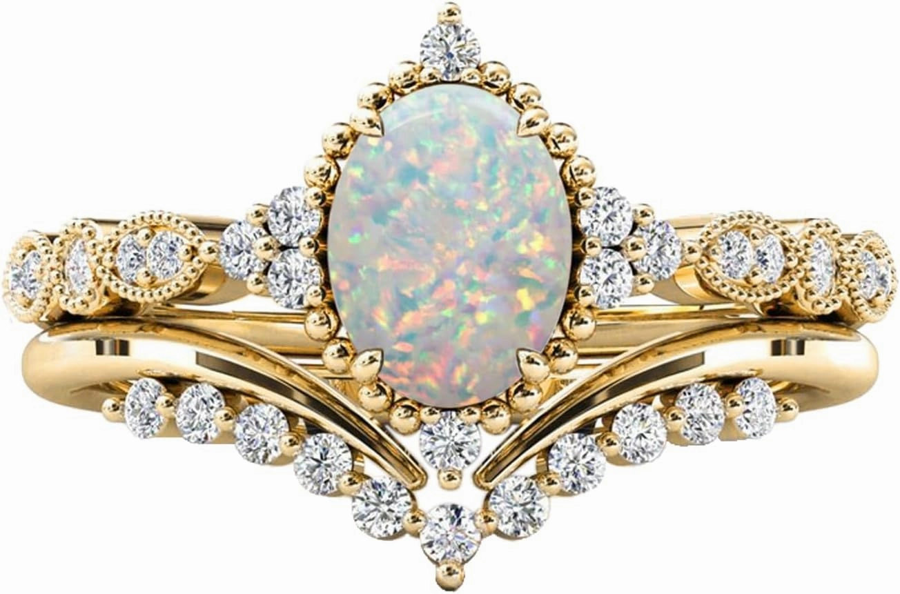 10K 14K 18K Solid Gold 2 Carat Oval Shape Gemstone Engagement Ring Sets Birthstone Gemstone Wedding Ring Set for Women 7X9 MM Birthday Anniversary Christmas Gift