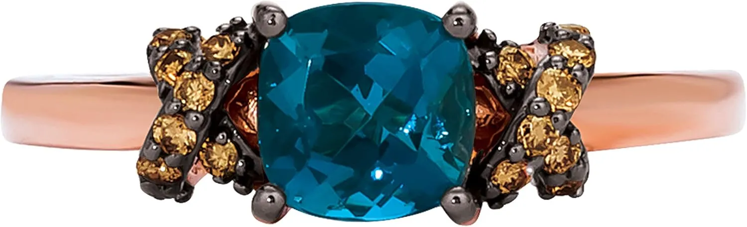 1/10 Carat Brown Diamond and Cushion Cut Blue Topaz or Purple Amethyst Ring for Women in 14k Rose Gold (SI1-SI2, cttw) X Side Stones Promise Anniversary Ring Size 5 to 10.5 by LeVian