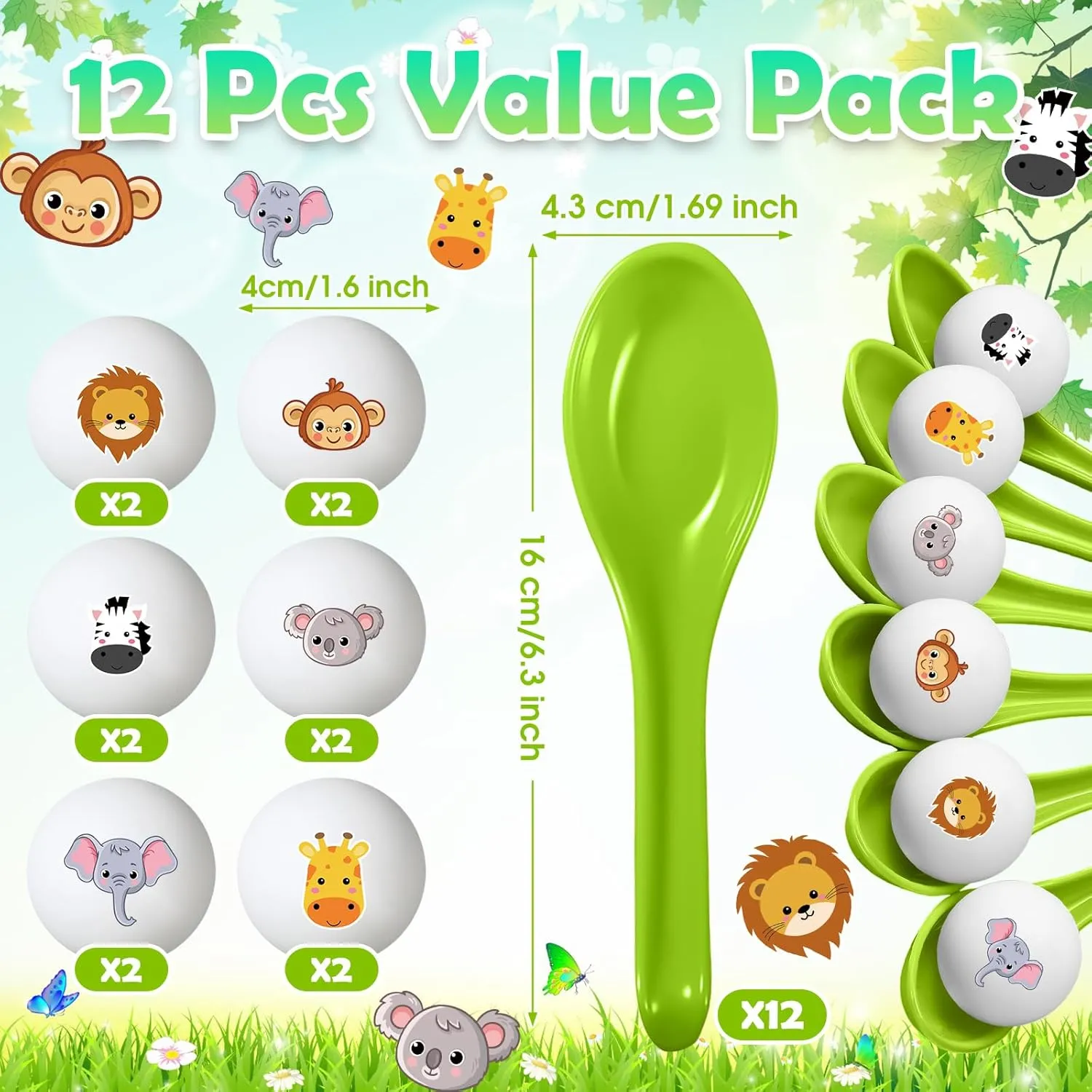 12 Pack Jungle Animals Games Safari Spoon Relay Race Easter Egg and Spoon Race Game Jungle Animal Decorations for Birthday Party Favors Supplies Indoor Outdoor Activities