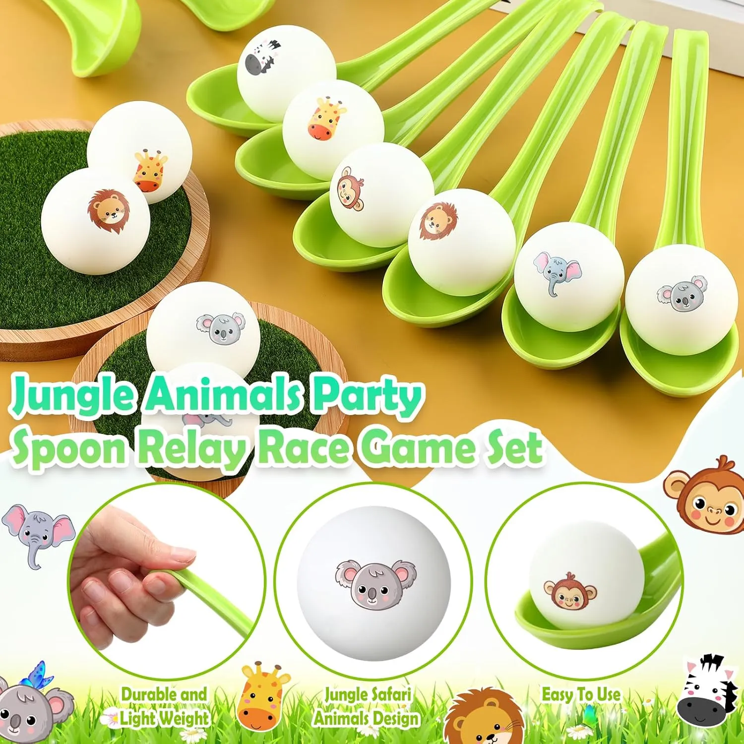 12 Pack Jungle Animals Games Safari Spoon Relay Race Easter Egg and Spoon Race Game Jungle Animal Decorations for Birthday Party Favors Supplies Indoor Outdoor Activities