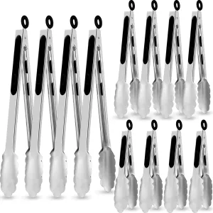 12 Pack Stainless Steel Kitchen Tongs 7/9/12 Inches Food Serving Tong Kitchen Cooking Supplies High Heat Resistant for Cooking Non Stick Locking Food for Grill Salad Frying BBQ