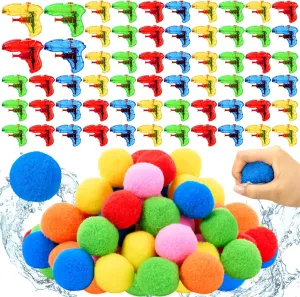 120 Pcs Water Gun Set Mini Plastic Water Gun Toy and Balls Colorful Cotton Reusable Ball for Summer Swimming Pool Beach Outdoor Cool Birthday Party