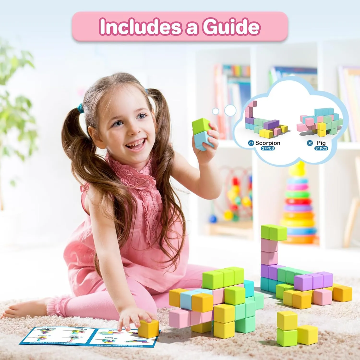 1.34 inch 56PCS Magnetic Blocks for Toddlers 4-8 Large Macaron Magnet Building Cubes for Kids Ages 3-5 Stem Preschool Stack Construction Educational Toys for 3  Years Old Boys Girls