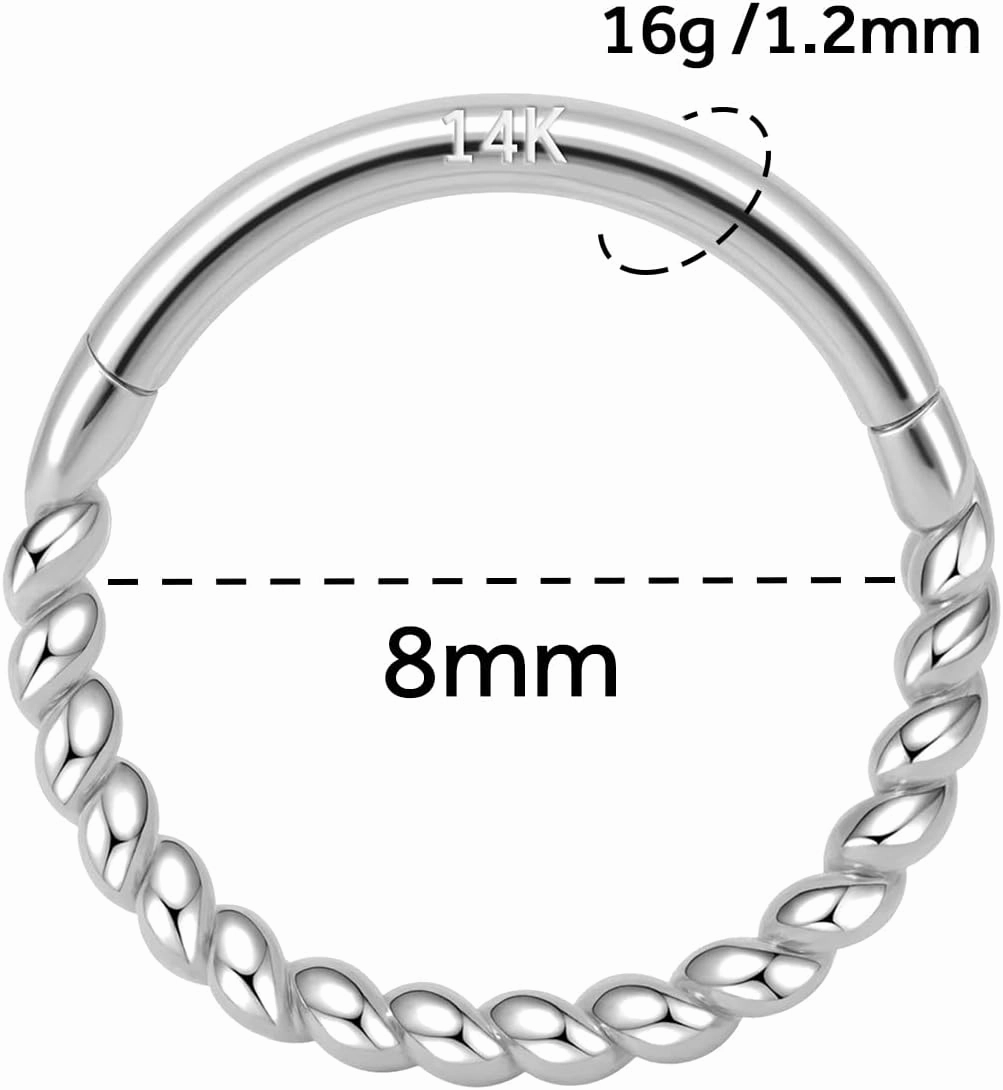 14k Gold 16G Septum Nose Rings for Women Men, 8mm/10mm Helix Daith Tragus Cartilage Hoop Earrings Piercing Jewelry