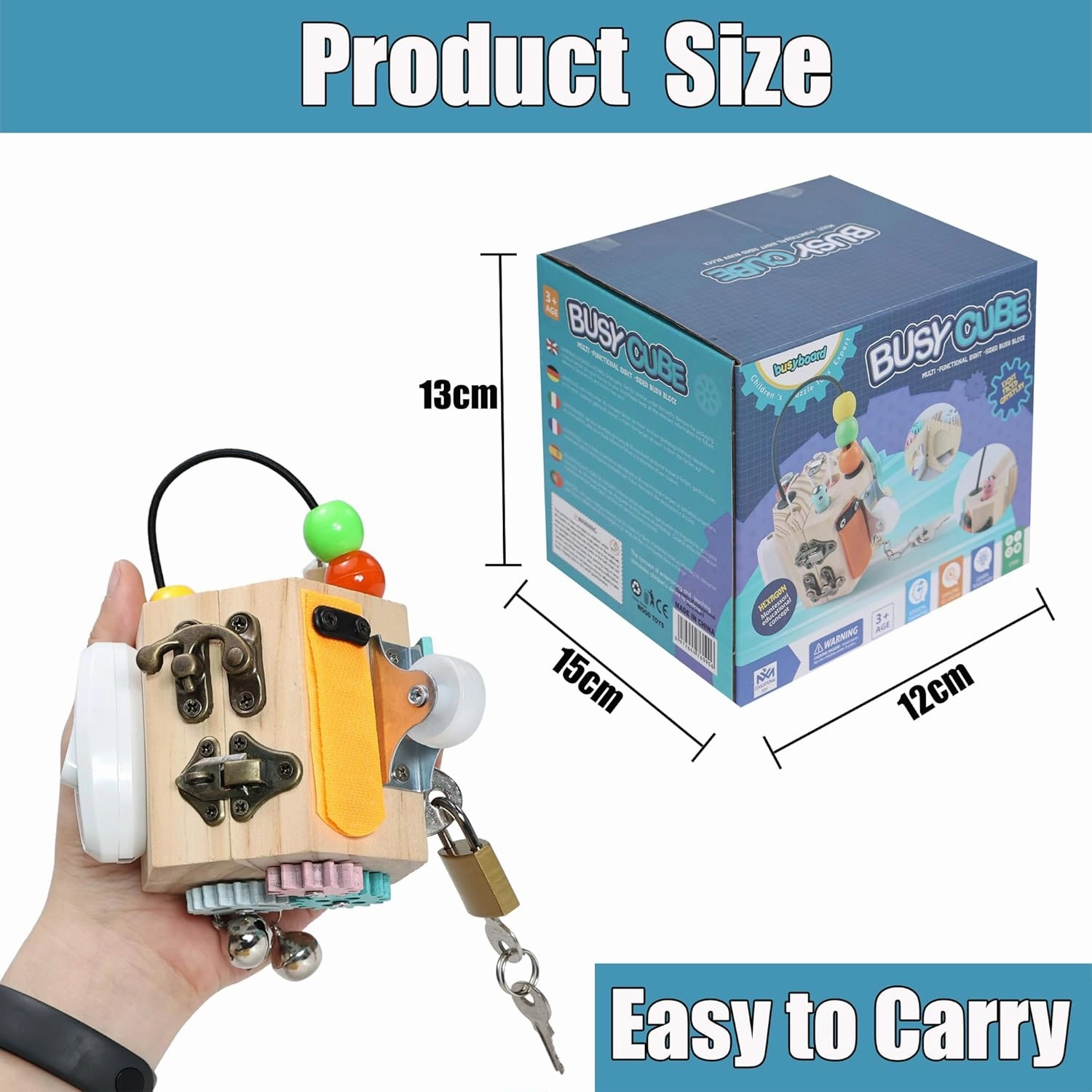 15-in-1 Wooden Busy Cube - Sensory Busy Board Travel Toys for Toddlers, Switch Function Multifunction Activity Cube Autism Educational Learning Toy for Airplane or Car Travel