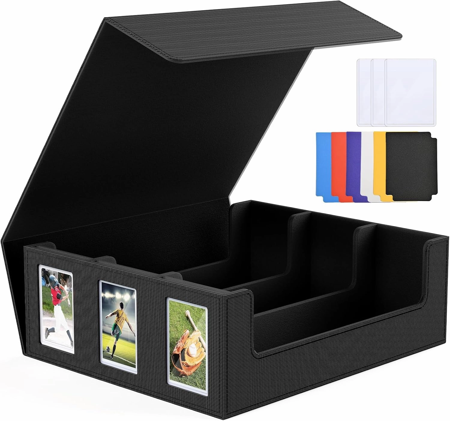 1800  Trading Card Storage Box, Magnetic Closure Toploaders Storage Box Hold 600  35PT 3"x4" Standard Toploaders, PU Leather Card Deck Boxes Fit for MTG,Sport Cards,Game Cards Black