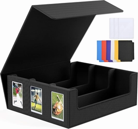 1800  Trading Card Storage Box, Magnetic Closure Toploaders Storage Box Hold 600  35PT 3"x4" Standard Toploaders, PU Leather Card Deck Boxes Fit for MTG,Sport Cards,Game Cards Black
