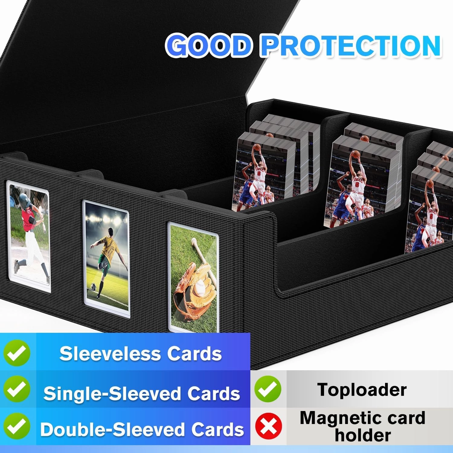 1800  Trading Card Storage Box, Magnetic Closure Toploaders Storage Box Hold 600  35PT 3"x4" Standard Toploaders, PU Leather Card Deck Boxes Fit for MTG,Sport Cards,Game Cards Black