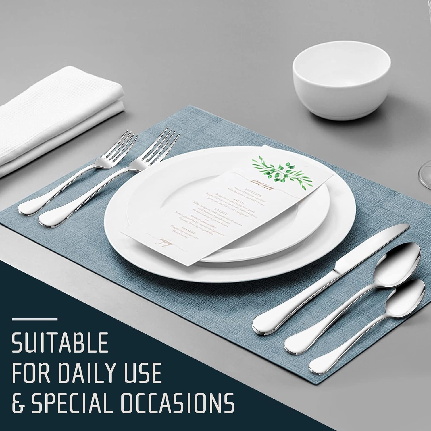 18/10 Stainless Steel Flatware Silverware Set for 12, E-far 60-Piece Cutlery Metal Eating Utensil Tableware Forks and Spoon Sets for Restaurant Wedding - Simple Fancy Style & Dishwasher Safe
