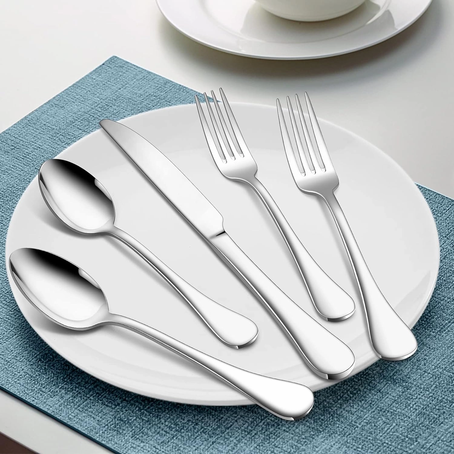 18/10 Stainless Steel Flatware Silverware Set for 12, E-far 60-Piece Cutlery Metal Eating Utensil Tableware Forks and Spoon Sets for Restaurant Wedding - Simple Fancy Style & Dishwasher Safe