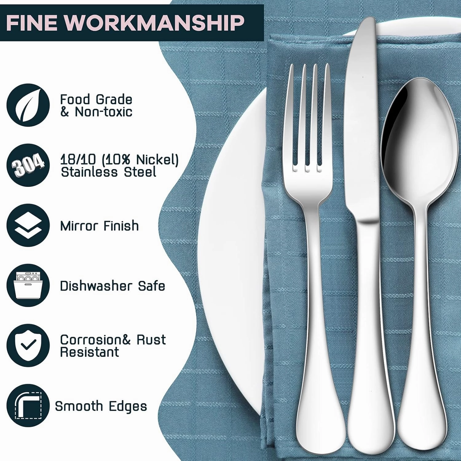 18/10 Stainless Steel Flatware Silverware Set for 12, E-far 60-Piece Cutlery Metal Eating Utensil Tableware Forks and Spoon Sets for Restaurant Wedding - Simple Fancy Style & Dishwasher Safe