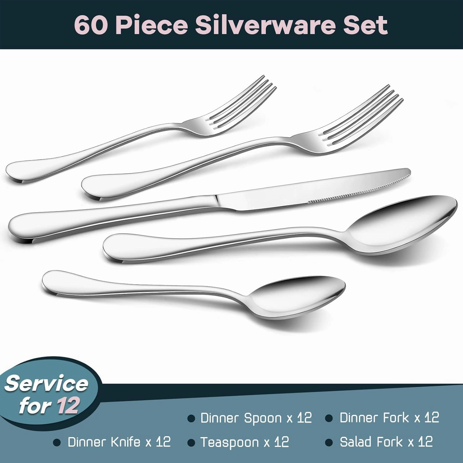 18/10 Stainless Steel Flatware Silverware Set for 12, E-far 60-Piece Cutlery Metal Eating Utensil Tableware Forks and Spoon Sets for Restaurant Wedding - Simple Fancy Style & Dishwasher Safe
