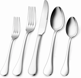 18/10 Stainless Steel Flatware Silverware Set for 12, E-far 60-Piece Cutlery Metal Eating Utensil Tableware Forks and Spoon Sets for Restaurant Wedding - Simple Fancy Style & Dishwasher Safe