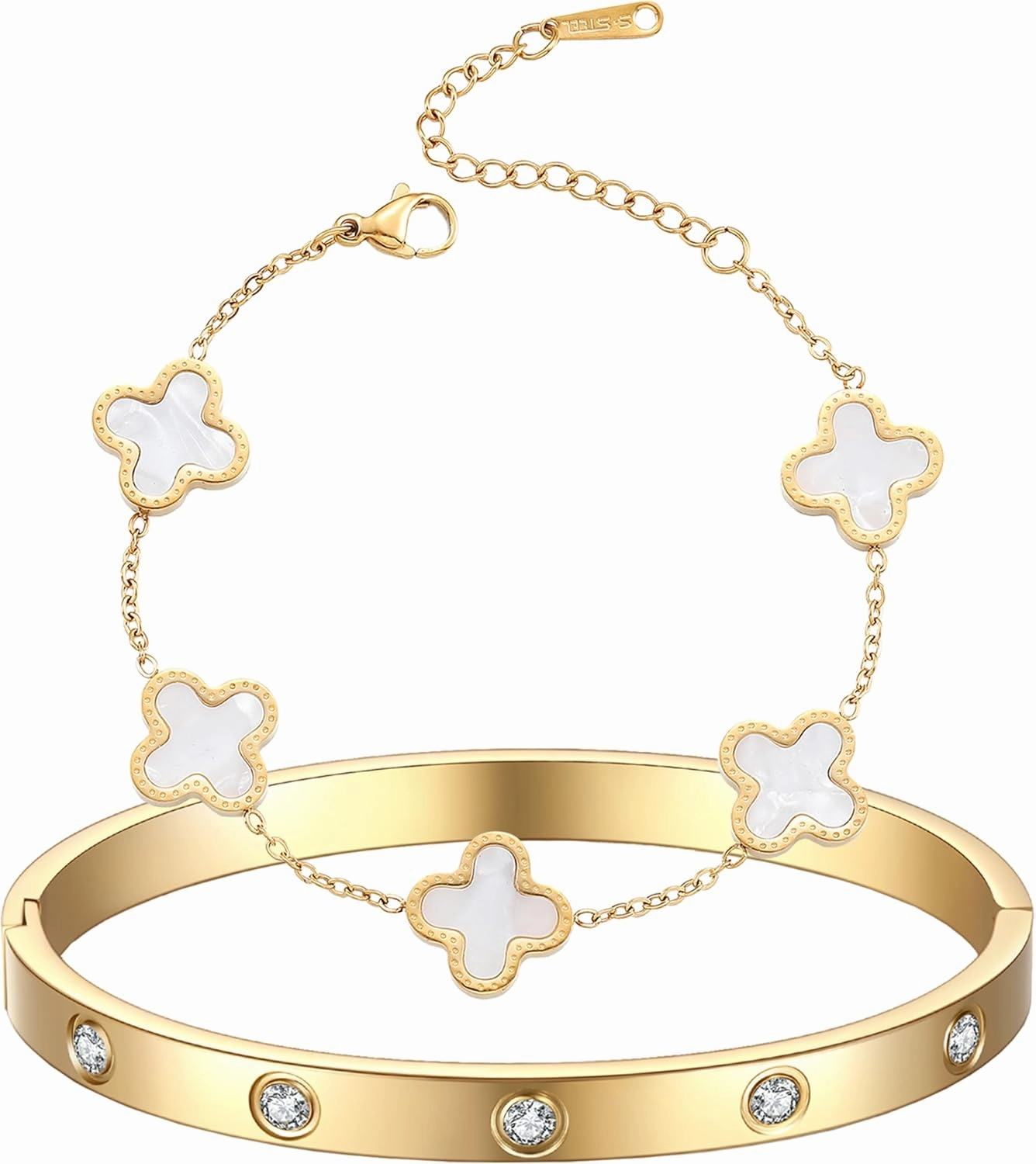 18K Gold Plated Clover Bracelet Love bangle Set for Women Stack Cute Fashion Simple Friendship Bracelet Lucky Link Bracelets Jewelry Gifts Trendy for Women