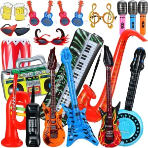 19 Pcs Inflatable Rock Star Toy Set Inflatable Party Props 80s 90s Musical Themed Rock and Roll Party Decorations Blow Up Guitar Saxophone Microphones Keyboard Piano Recorder Glasses