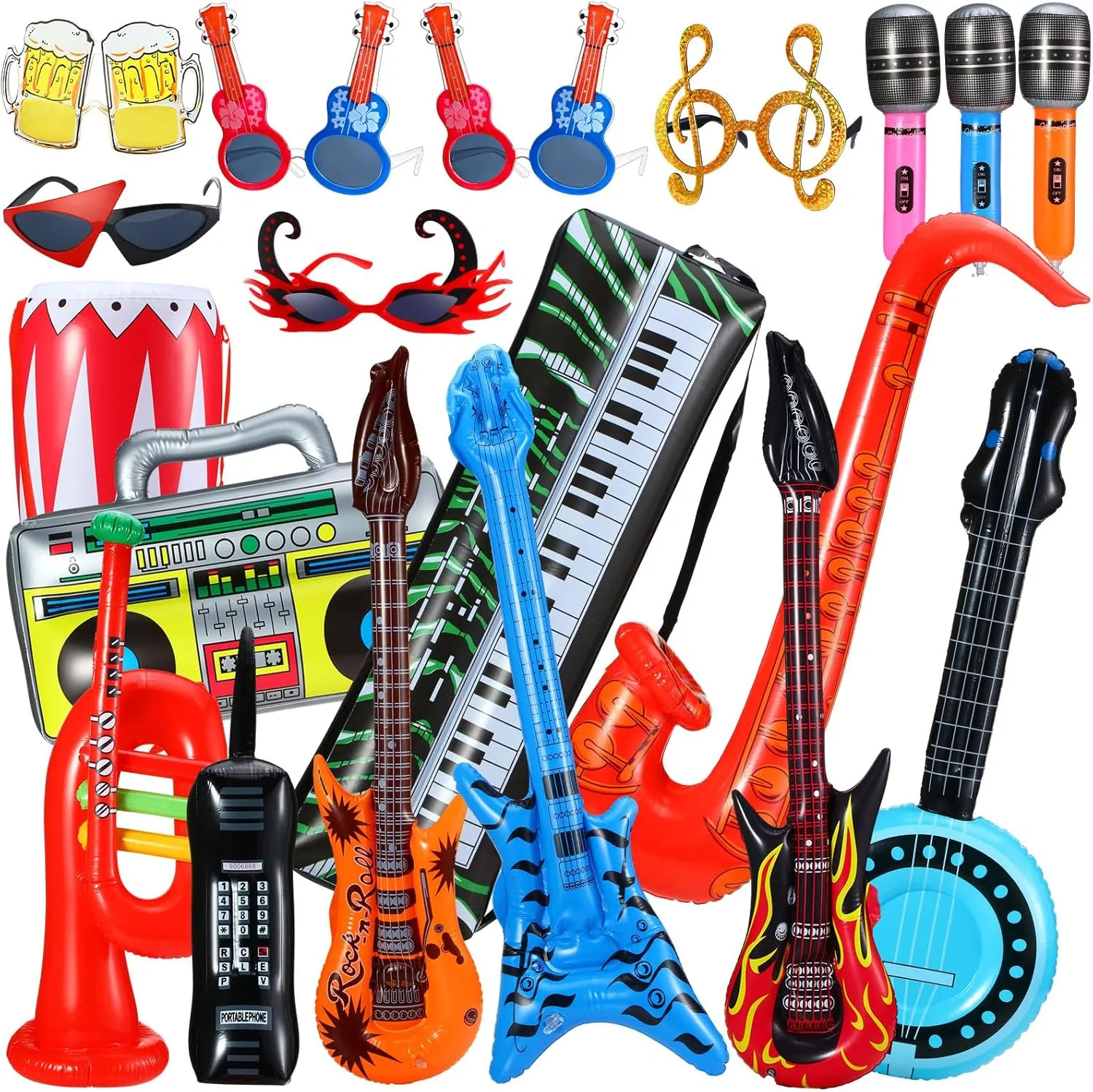 19 Pcs Inflatable Rock Star Toy Set Inflatable Party Props 80s 90s Musical Themed Rock and Roll Party Decorations Blow Up Guitar Saxophone Microphones Keyboard Piano Recorder Glasses