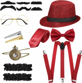 1920s Men Costume Accessories Set Roaring Retro Gangster Costume, Hat, Bow Tie, Pocket Watch, Suspender, Glasses, Beard, Armband Garters, Tie Clips (Simple Style, Off-White)