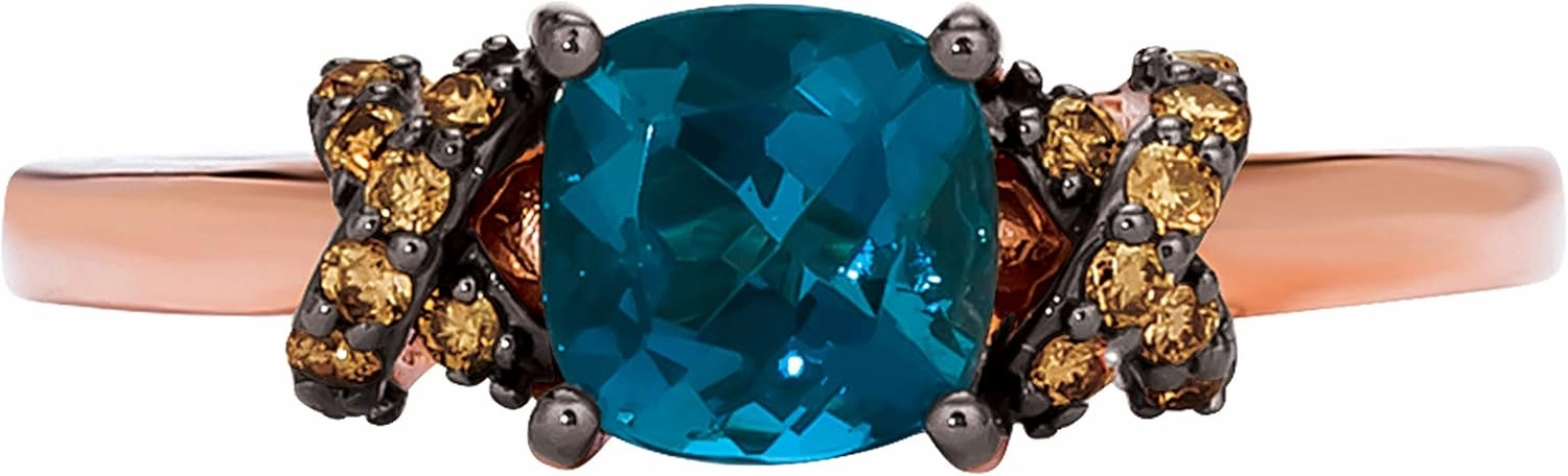 1/10 Carat Brown Diamond and Cushion Cut Blue Topaz or Purple Amethyst Ring for Women in 14k Rose Gold (SI1-SI2, cttw) X Side Stones Promise Anniversary Ring Size 5 to 10.5 by LeVian