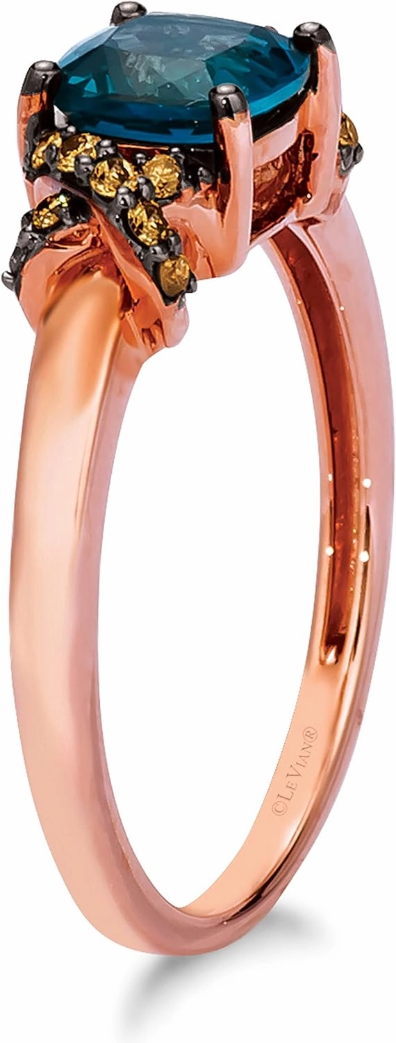 1/10 Carat Brown Diamond and Cushion Cut Blue Topaz or Purple Amethyst Ring for Women in 14k Rose Gold (SI1-SI2, cttw) X Side Stones Promise Anniversary Ring Size 5 to 10.5 by LeVian