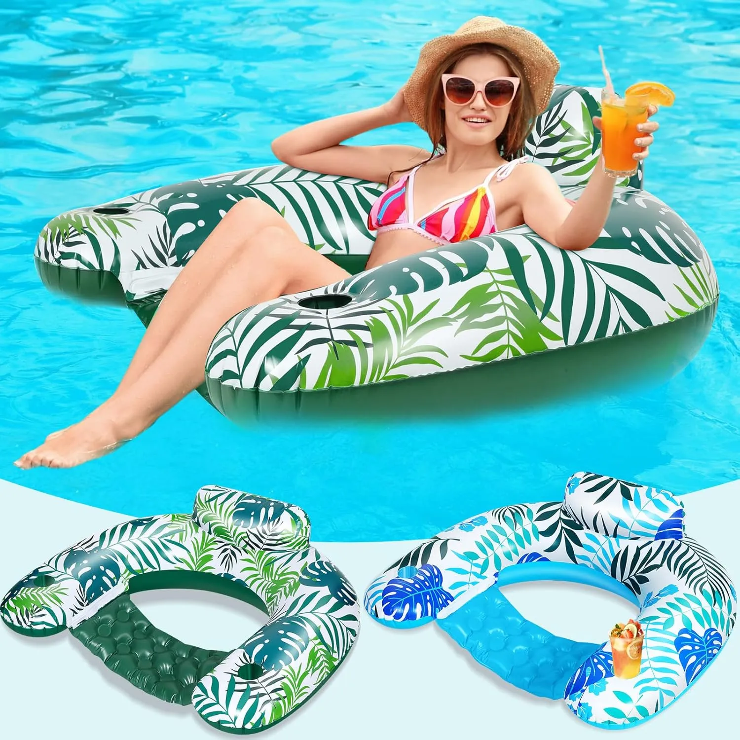 2 Pack Inflatable Pool Float Chair Adult, Pool Chairs with Cup Holders Backrest, Portable Lounge Floaties for Swimming Pool Summer Toy Floaties Beach Party Floaty for Adult (Stylish Style)