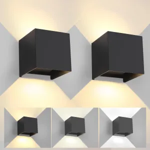 2 Pack LED Outdoor Wall Lights Exterior/Interior 3 Colors Adjustable 15W Wall Light Fixture IP65 Waterproof Porch Exterior Wall Sconce Modern Outdoor Lighting Square Aluminum Black Up and Down Lights