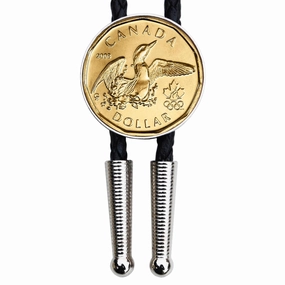 2008 Canada One Dollar BU Uncirculated Coin Simple Slide 36" black Leatherette Cord Silver Bolo Tie NEW - Lucky Loonie