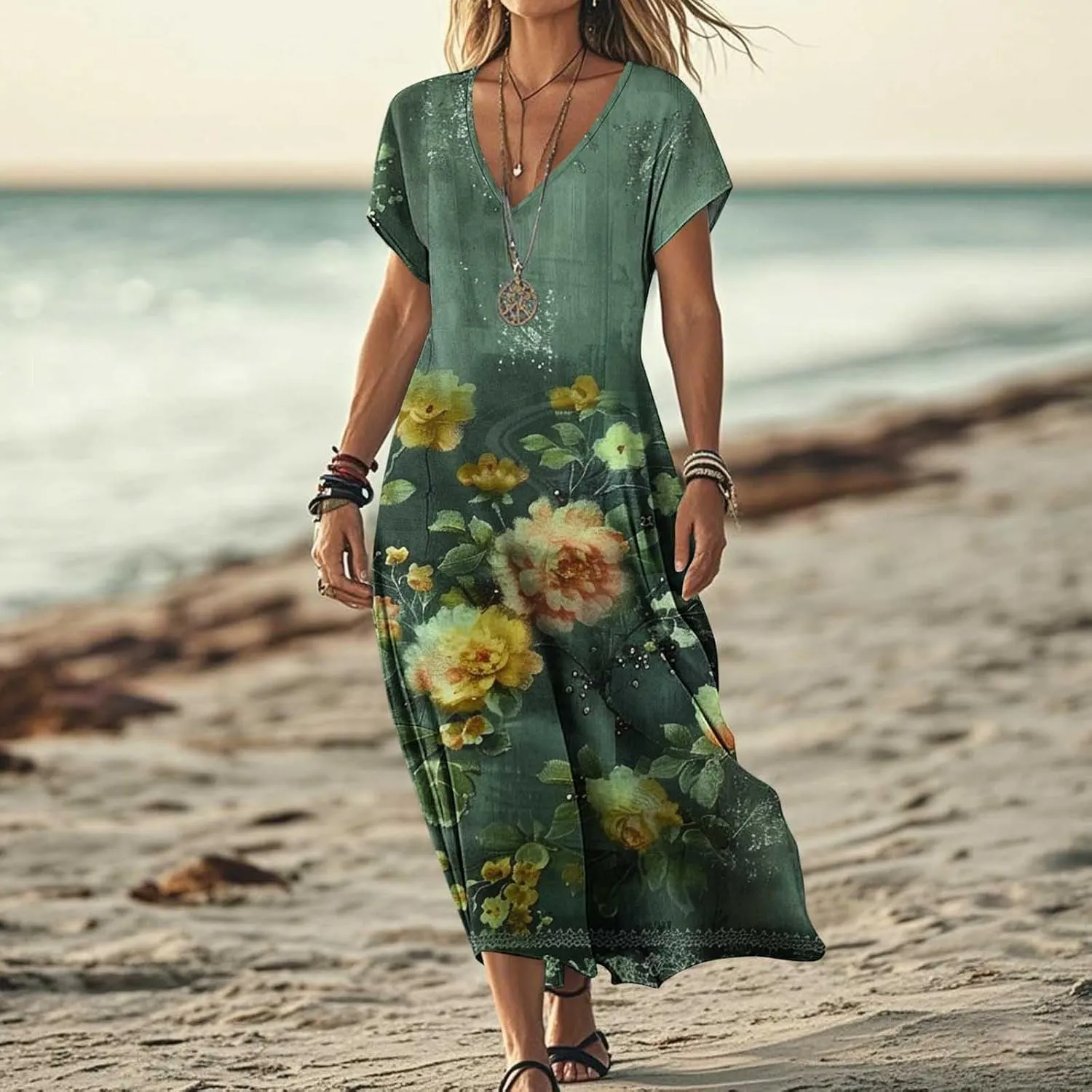 2025 Casual Dress for Women Flowy V Neck Short Sleeve Floral Maxi Dresses Lightweight Summer Beach Vacation Clothes