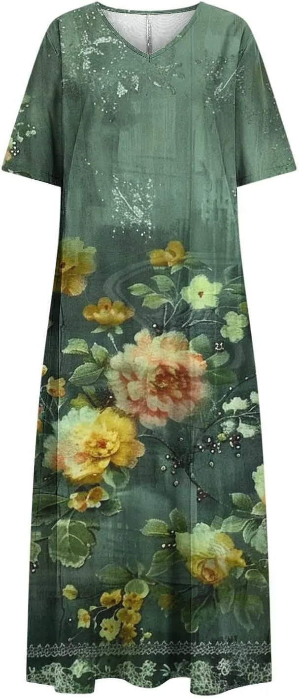 2025 Casual Dress for Women Flowy V Neck Short Sleeve Floral Maxi Dresses Lightweight Summer Beach Vacation Clothes