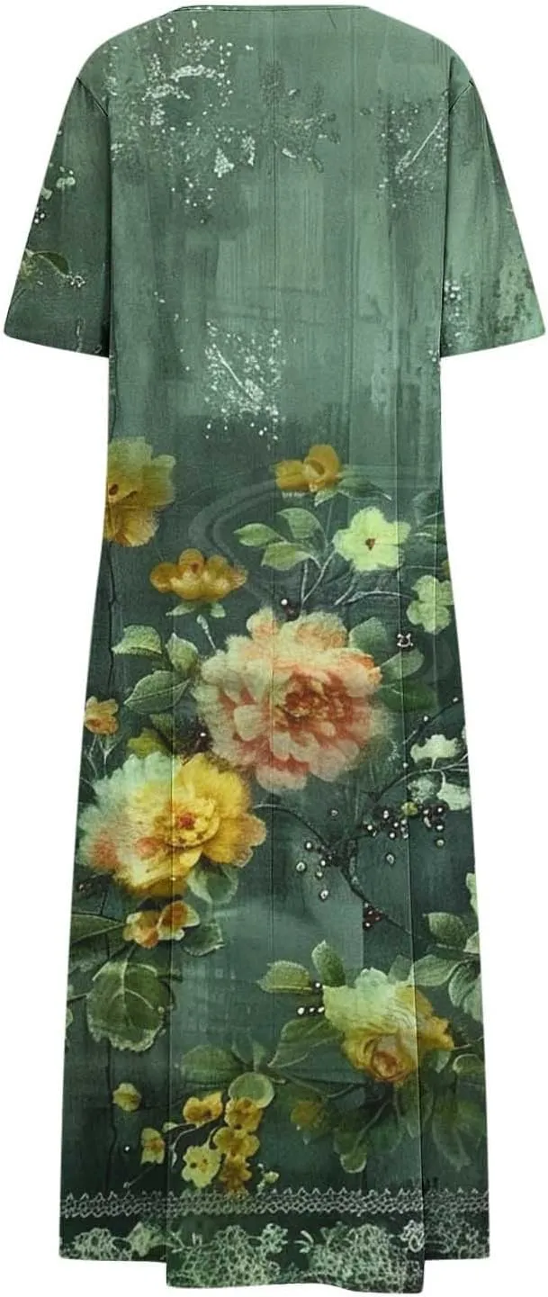 2025 Casual Dress for Women Flowy V Neck Short Sleeve Floral Maxi Dresses Lightweight Summer Beach Vacation Clothes