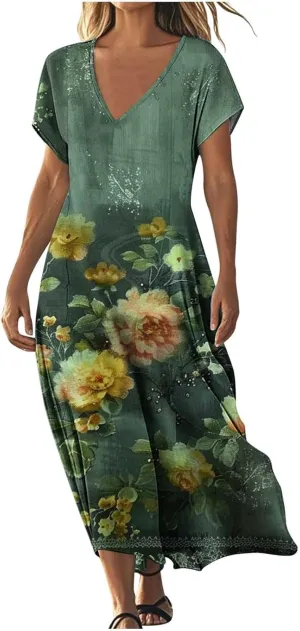 2025 Casual Dress for Women Flowy V Neck Short Sleeve Floral Maxi Dresses Lightweight Summer Beach Vacation Clothes