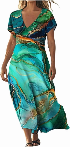 2025 Casual Dress for Women Flowy V Neck Short Sleeve Floral Maxi Dresses Lightweight Summer Beach Vacation Clothes