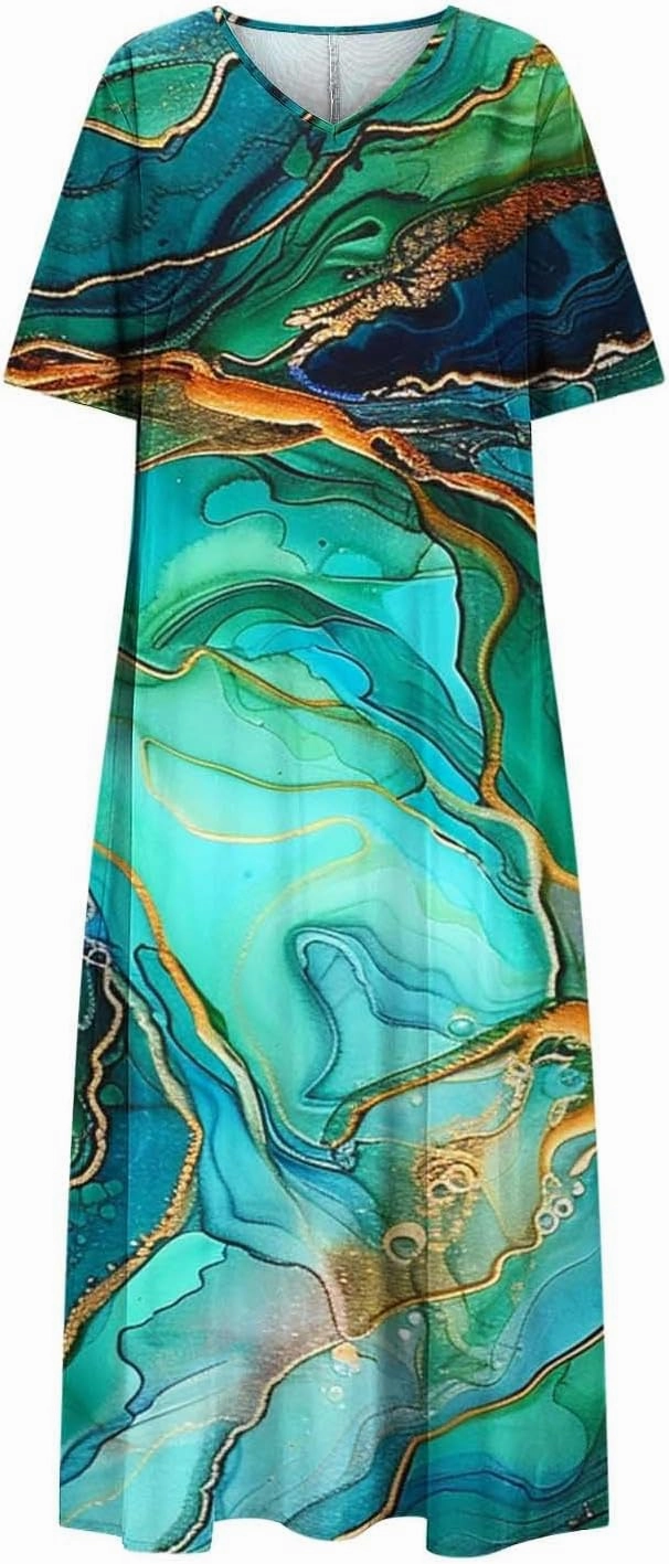 2025 Casual Dress for Women Flowy V Neck Short Sleeve Floral Maxi Dresses Lightweight Summer Beach Vacation Clothes