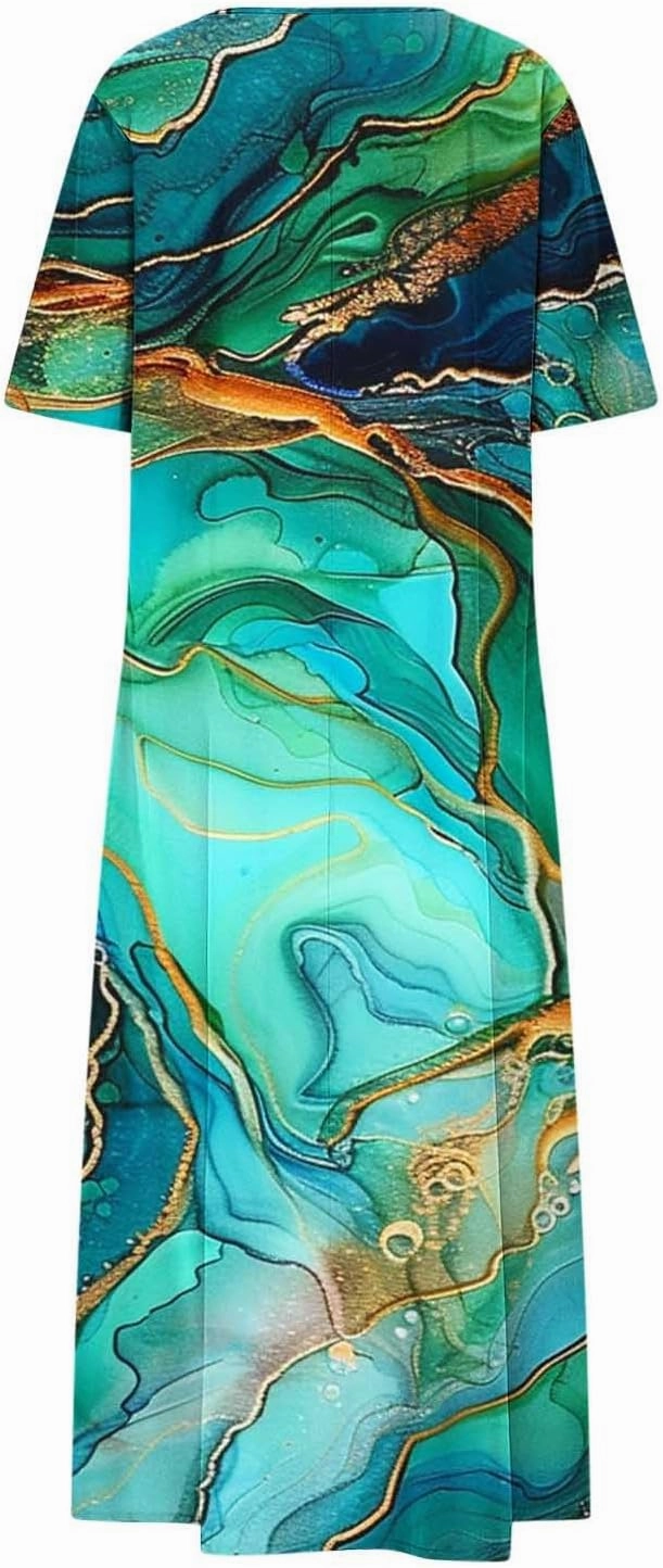 2025 Casual Dress for Women Flowy V Neck Short Sleeve Floral Maxi Dresses Lightweight Summer Beach Vacation Clothes