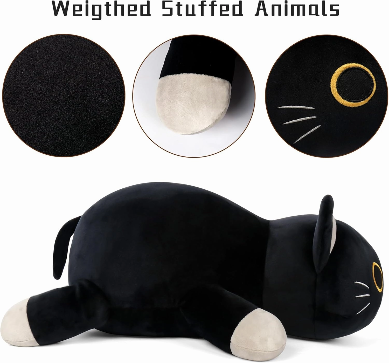 24" Black Cat Plush Weighted Stuffed Animals, 4.2lbs Weighted Black Cat Pillow Giant Cat Stuffed Animal Cuddle Plushies Gift for Kids Adults