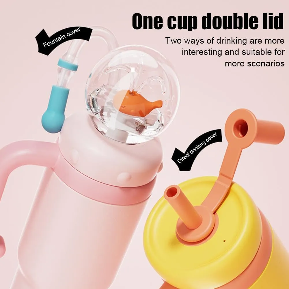 24oz Stainless Steel Whale Fountain Tumbler with Handle-Fun hydration,Cute Summer Fountain Tumbler with Leak-Proof Design & 2 Lids Perfect for Kids, Teens, and Adults