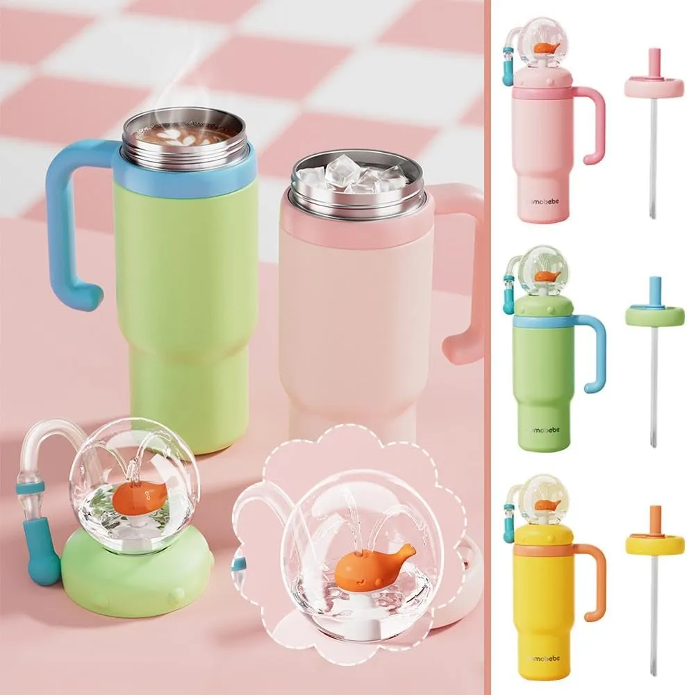 24oz Stainless Steel Whale Fountain Tumbler with Handle-Fun hydration,Cute Summer Fountain Tumbler with Leak-Proof Design & 2 Lids Perfect for Kids, Teens, and Adults