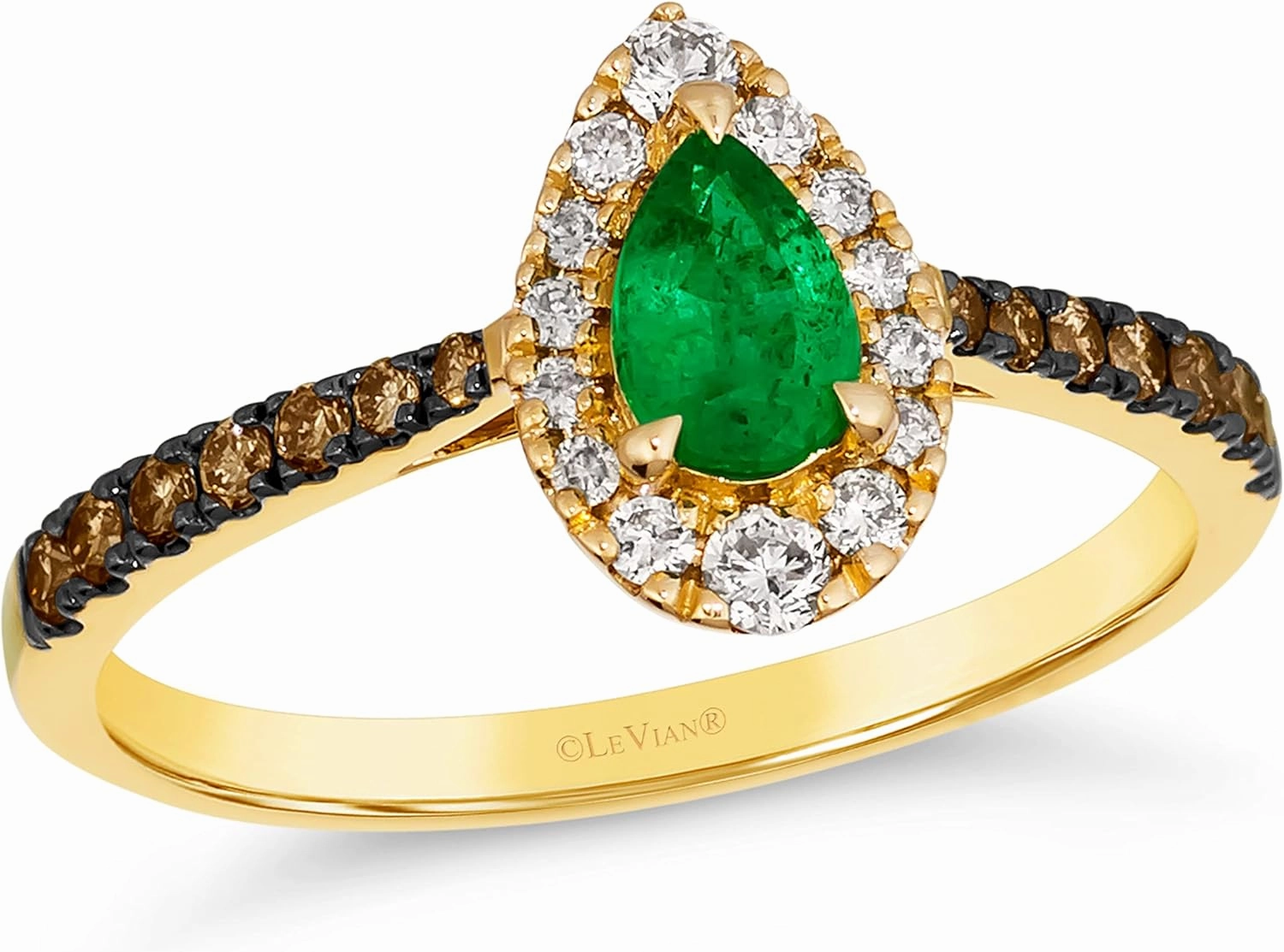 2/5 Carat White and Chocolate Diamond with 1/3 Carat Pear Cut Green Emerald Teardrop Halo Ring for Women in 14k Yellow Gold (Fancy Brown, cttw) Anniversary Promise Ring Size 4 to 10 by LeVian