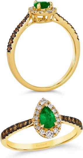 2/5 Carat White and Chocolate Diamond with 1/3 Carat Pear Cut Green Emerald Teardrop Halo Ring for Women in 14k Yellow Gold (Fancy Brown, cttw) Anniversary Promise Ring Size 4 to 10 by LeVian