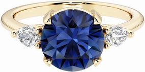 2.75 Carat Lab Grown Blue Sapphire and Pear Diamond 3 Stone Engagement Ring for Women in 14K White or Yellow Gold, Classic Everyday Fit, Sizes 4-10