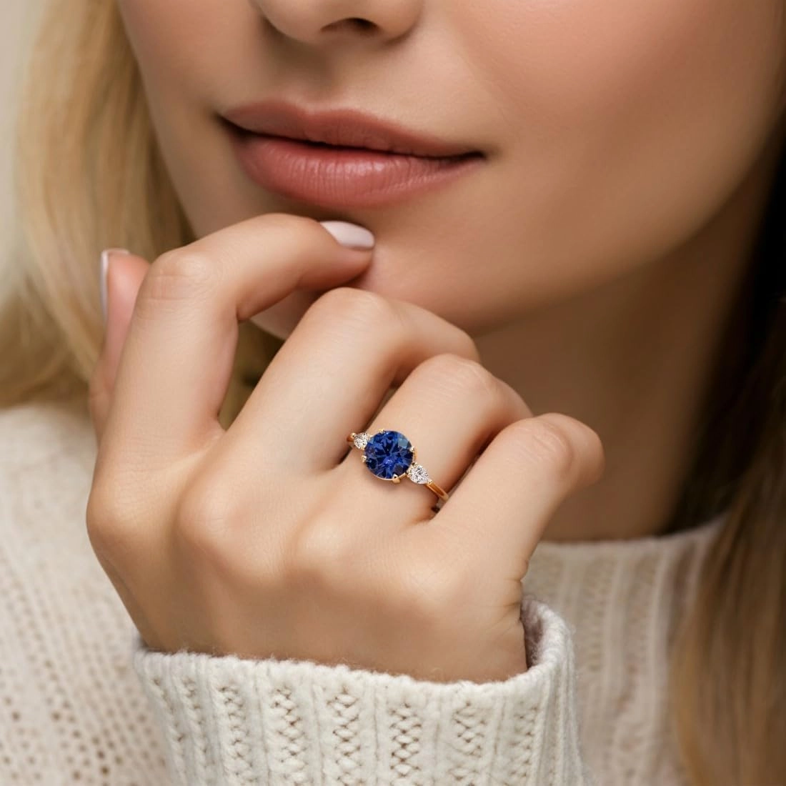 2.75 Carat Lab Grown Blue Sapphire and Pear Diamond 3 Stone Engagement Ring for Women in 14K White or Yellow Gold, Classic Everyday Fit, Sizes 4-10