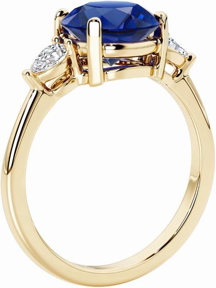 2.75 Carat Lab Grown Blue Sapphire and Pear Diamond 3 Stone Engagement Ring for Women in 14K White or Yellow Gold, Classic Everyday Fit, Sizes 4-10