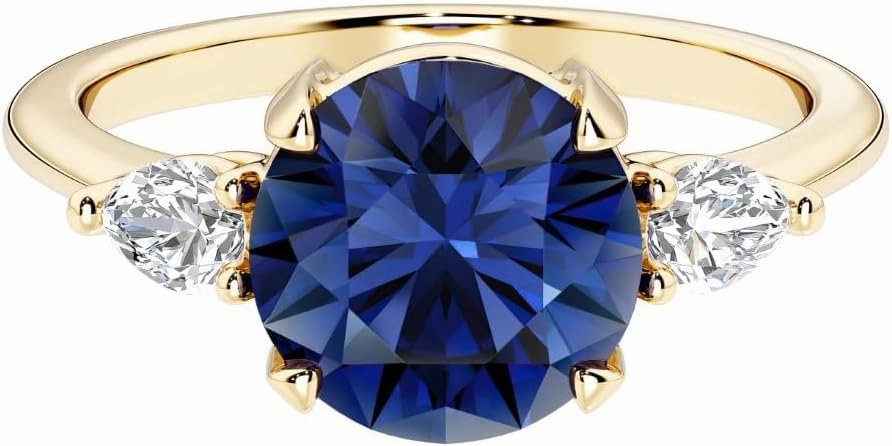 2.75 Carat Lab Grown Blue Sapphire and Pear Diamond 3 Stone Engagement Ring for Women in 14K White or Yellow Gold, Classic Everyday Fit, Sizes 4-10