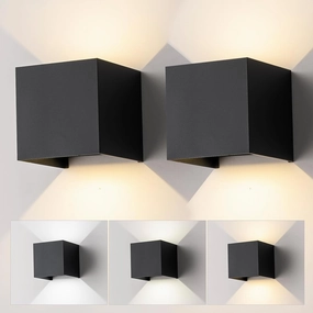 2 Pack LED Outdoor Wall Sconces Exterior/Interior,Modern Black Square Aluminum Wall Light Fixture Set,Variable Beam IP65 Waterproof Lights.15W 3-Color-Changeable Up and Down Outdoor Lighting Fixtures.